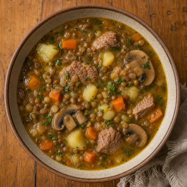 Чечевичный суп со свининой и грибами
